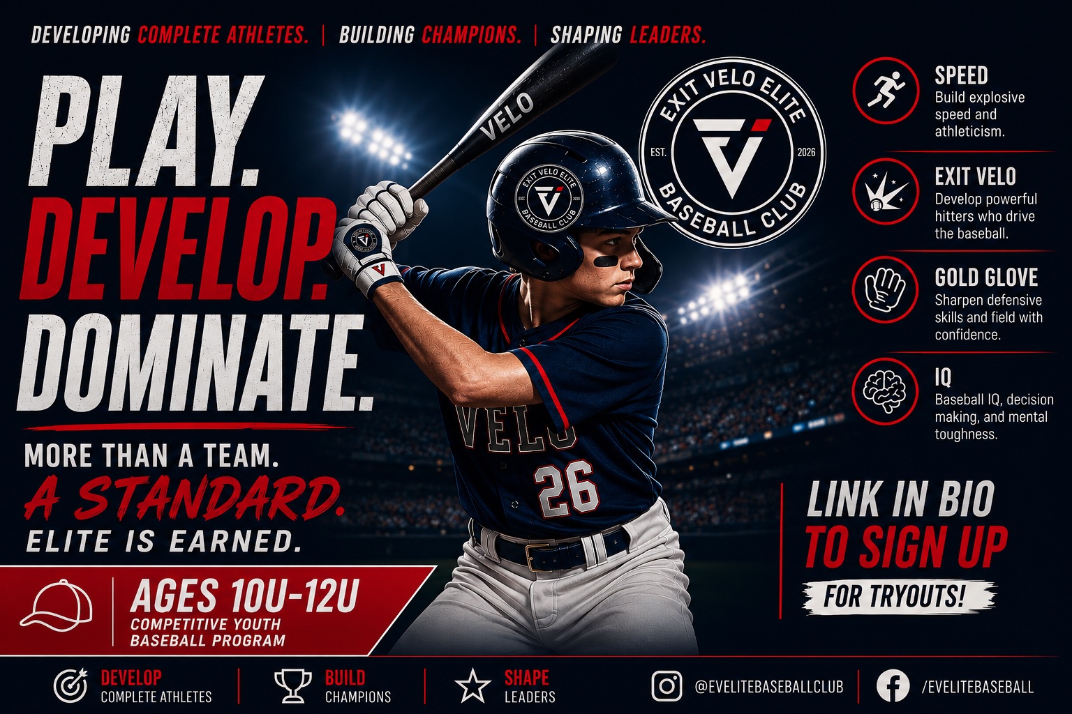 Play. Develop. Dominate. program pillars graphic