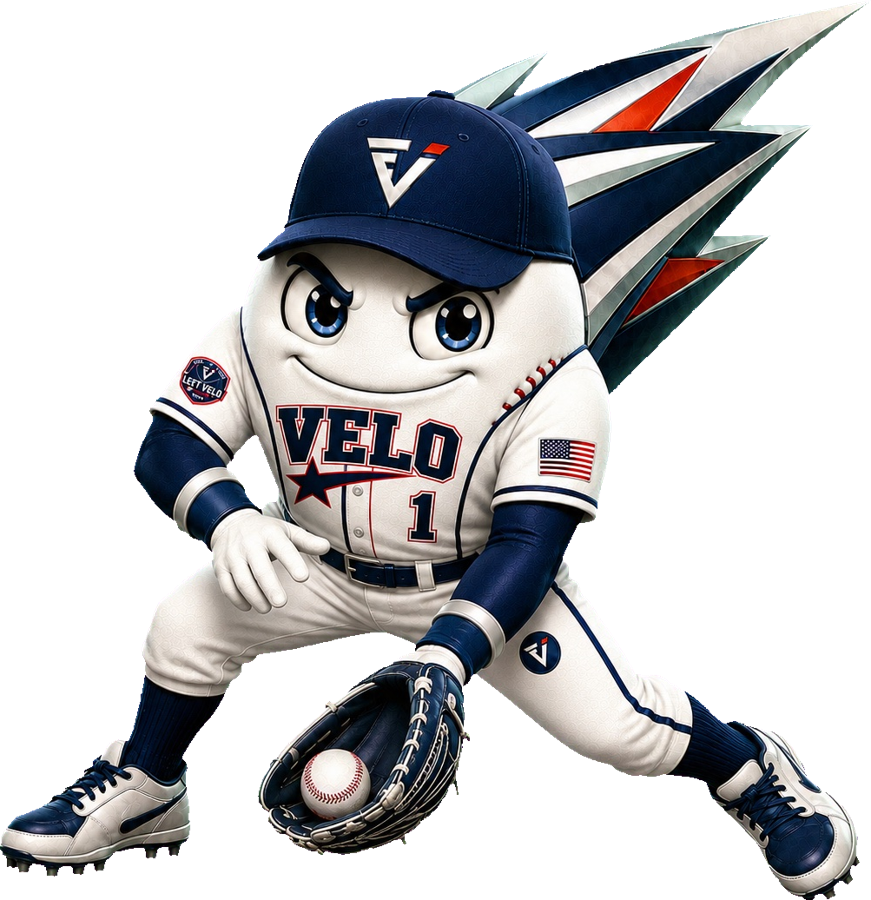 Velo, the Exit Velo Elite mascot, fielding a ground ball