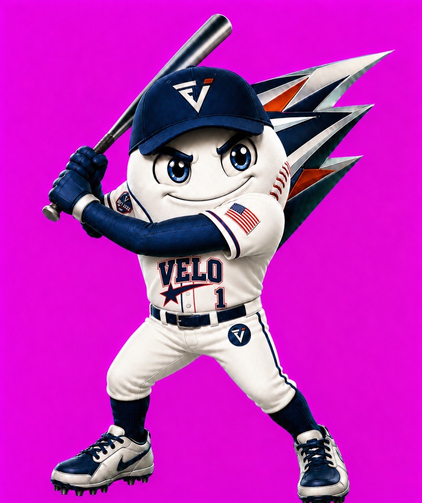 Velo team mascot in batting stance